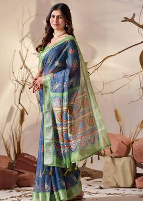 Navy blue linen cotton saree with floral digital print & patola inspired pallu 2