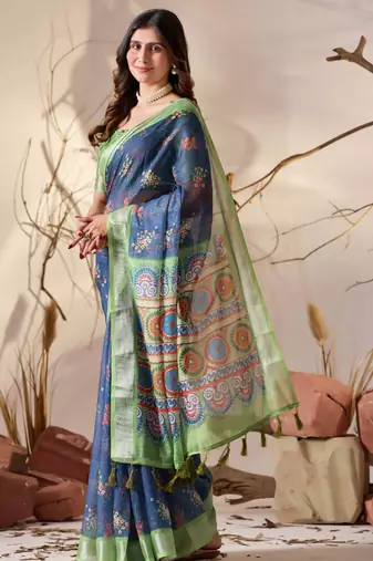 Navy blue linen cotton saree with floral digital print & patola inspired pallu
