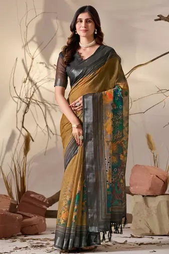 Mustard linen cotton saree with artistic digital floral print & traditional patola border | contrast blouse included