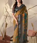 Mustard linen cotton saree with artistic digital floral print & traditional patola border | contrast blouse included