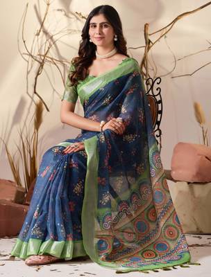 Navy blue linen cotton saree with floral digital print & patola inspired pallu 3