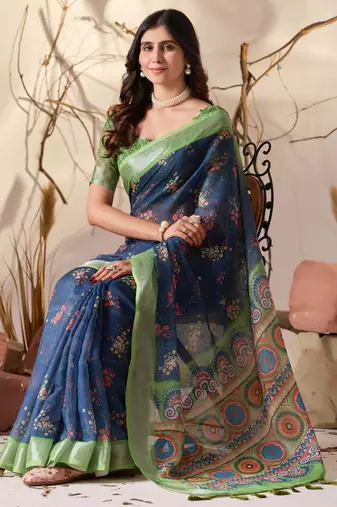 Navy blue linen cotton saree with floral digital print & patola inspired pallu
