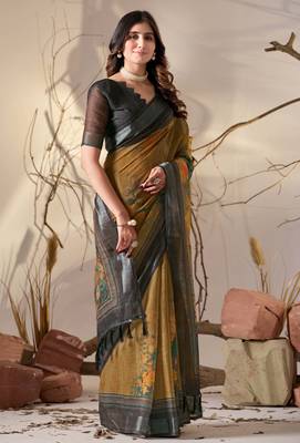 Mustard linen cotton saree with artistic digital floral print & traditional patola border | contrast blouse included 2