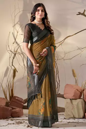 Mustard linen cotton saree with artistic digital floral print & traditional patola border | contrast blouse included