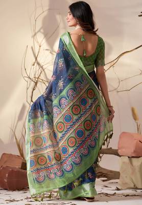 Navy blue linen cotton saree with floral digital print & patola inspired pallu 4