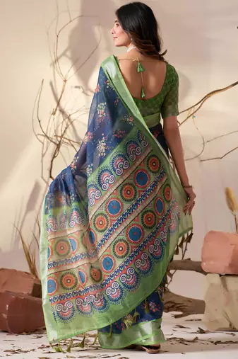 Navy blue linen cotton saree with floral digital print & patola inspired pallu