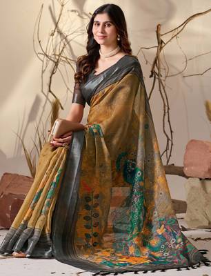 Mustard linen cotton saree with artistic digital floral print & traditional patola border | contrast blouse included 3