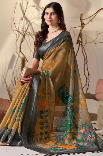 Mustard linen cotton saree with artistic digital floral print & traditional patola border | contrast blouse included