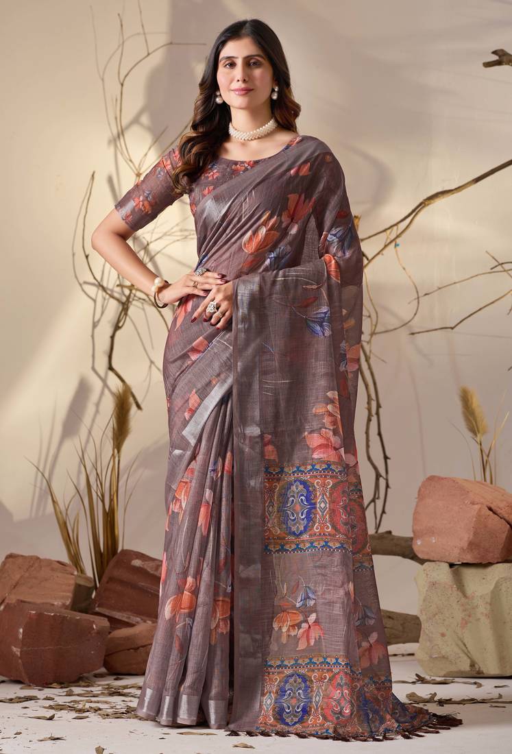 Smoky brown linen cotton digital floral print saree with patola inspired border & matching blouse