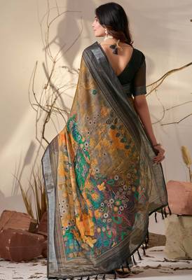 Mustard linen cotton saree with artistic digital floral print & traditional patola border | contrast blouse included 4
