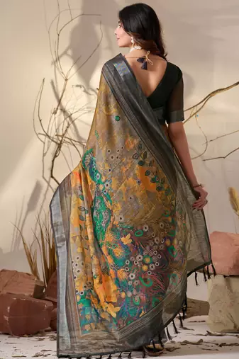 Mustard linen cotton saree with artistic digital floral print & traditional patola border | contrast blouse included