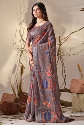 Smoky brown linen cotton digital floral print saree with patola inspired border & matching blouse 2