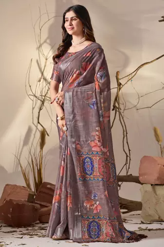 Smoky brown linen cotton digital floral print saree with patola inspired border & matching blouse