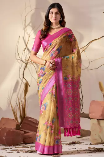 Golden yellow linen cotton digital floral patola print saree with contrast border & blouse – printed saree collection