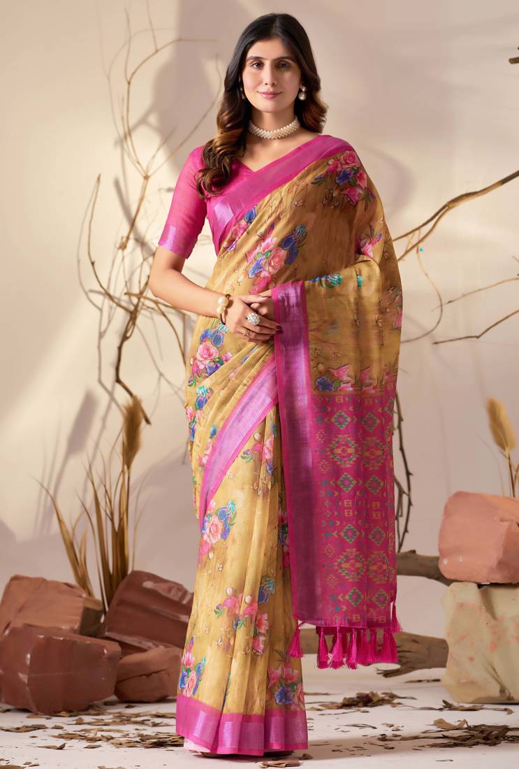 Golden yellow linen cotton digital floral patola print saree with contrast border & blouse – printed saree collection
