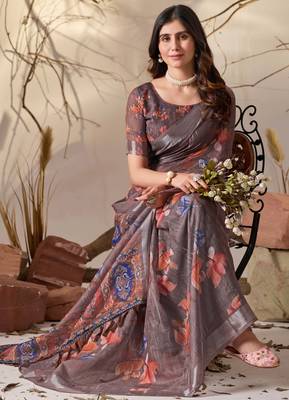 Smoky brown linen cotton digital floral print saree with patola inspired border & matching blouse 3