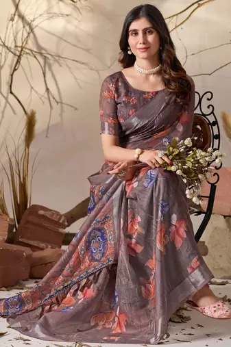 Smoky brown linen cotton digital floral print saree with patola inspired border & matching blouse
