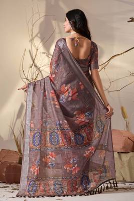 Smoky brown linen cotton digital floral print saree with patola inspired border & matching blouse 4