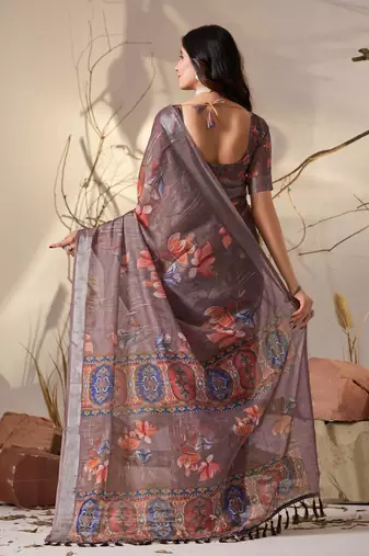 Smoky brown linen cotton digital floral print saree with patola inspired border & matching blouse