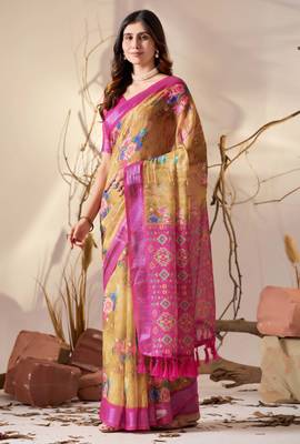 Golden yellow linen cotton digital floral patola print saree with contrast border & blouse – printed saree collection 2