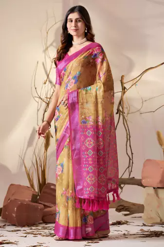 Golden yellow linen cotton digital floral patola print saree with contrast border & blouse – printed saree collection