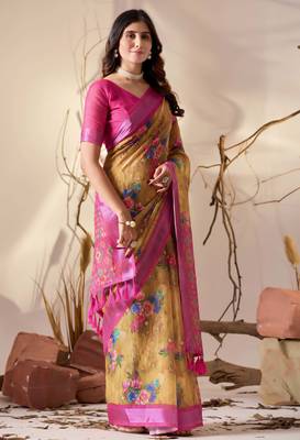 Golden yellow linen cotton digital floral patola print saree with contrast border & blouse – printed saree collection 3