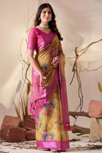 Golden yellow linen cotton digital floral patola print saree with contrast border & blouse – printed saree collection