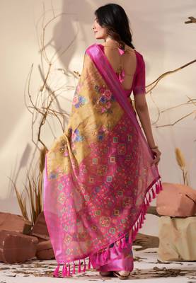 Golden yellow linen cotton digital floral patola print saree with contrast border & blouse – printed saree collection 4