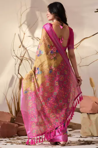 Golden yellow linen cotton digital floral patola print saree with contrast border & blouse – printed saree collection