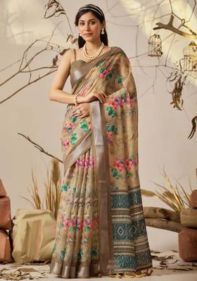 Soft beige printed linen cotton saree with floral & patola design | designer contrast border saree with blouse 1