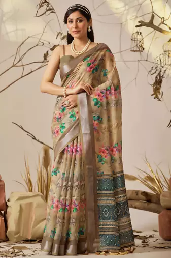 Soft beige printed linen cotton saree with floral & patola design | designer contrast border saree with blouse