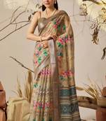 Soft beige printed linen cotton saree with floral & patola design | designer contrast border saree with blouse