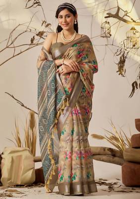 Soft beige printed linen cotton saree with floral & patola design | designer contrast border saree with blouse 2