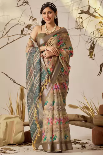 Soft beige printed linen cotton saree with floral & patola design | designer contrast border saree with blouse