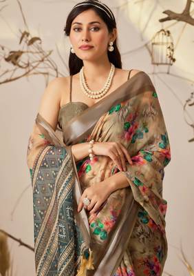 Soft beige printed linen cotton saree with floral & patola design | designer contrast border saree with blouse 3
