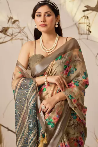 Soft beige printed linen cotton saree with floral & patola design | designer contrast border saree with blouse