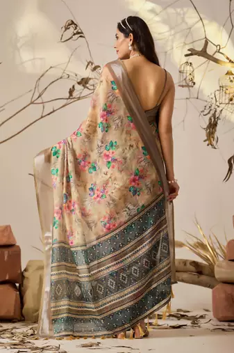 Soft beige printed linen cotton saree with floral & patola design | designer contrast border saree with blouse