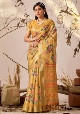 Golden yellow floral print linen cotton saree with patola style design & contrast border – printed saree with blouse 1