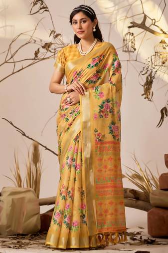 Golden yellow floral print linen cotton saree with patola style design & contrast border – printed saree with blouse