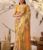 Golden yellow floral print linen cotton saree with patola style design & contrast border – printed saree with blouse