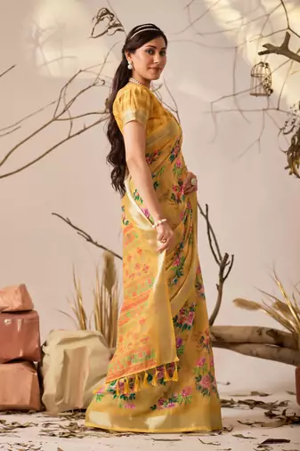 Golden yellow floral print linen cotton saree with patola style design & contrast border – printed saree with blouse