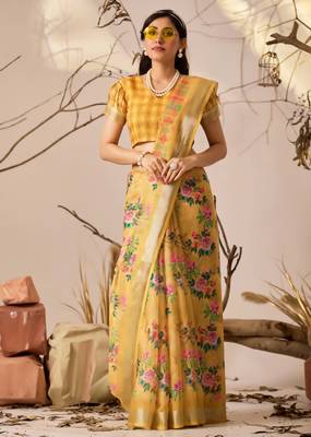 Golden yellow floral print linen cotton saree with patola style design & contrast border – printed saree with blouse 3