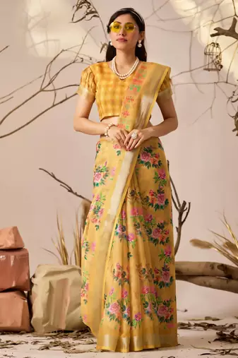 Golden yellow floral print linen cotton saree with patola style design & contrast border – printed saree with blouse