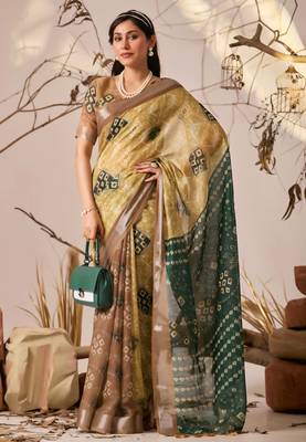 Mustard yellow linen cotton patola ikat digital print saree with contrast border & matching blouse 1