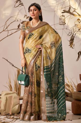 Mustard yellow linen cotton patola ikat digital print saree with contrast border & matching blouse