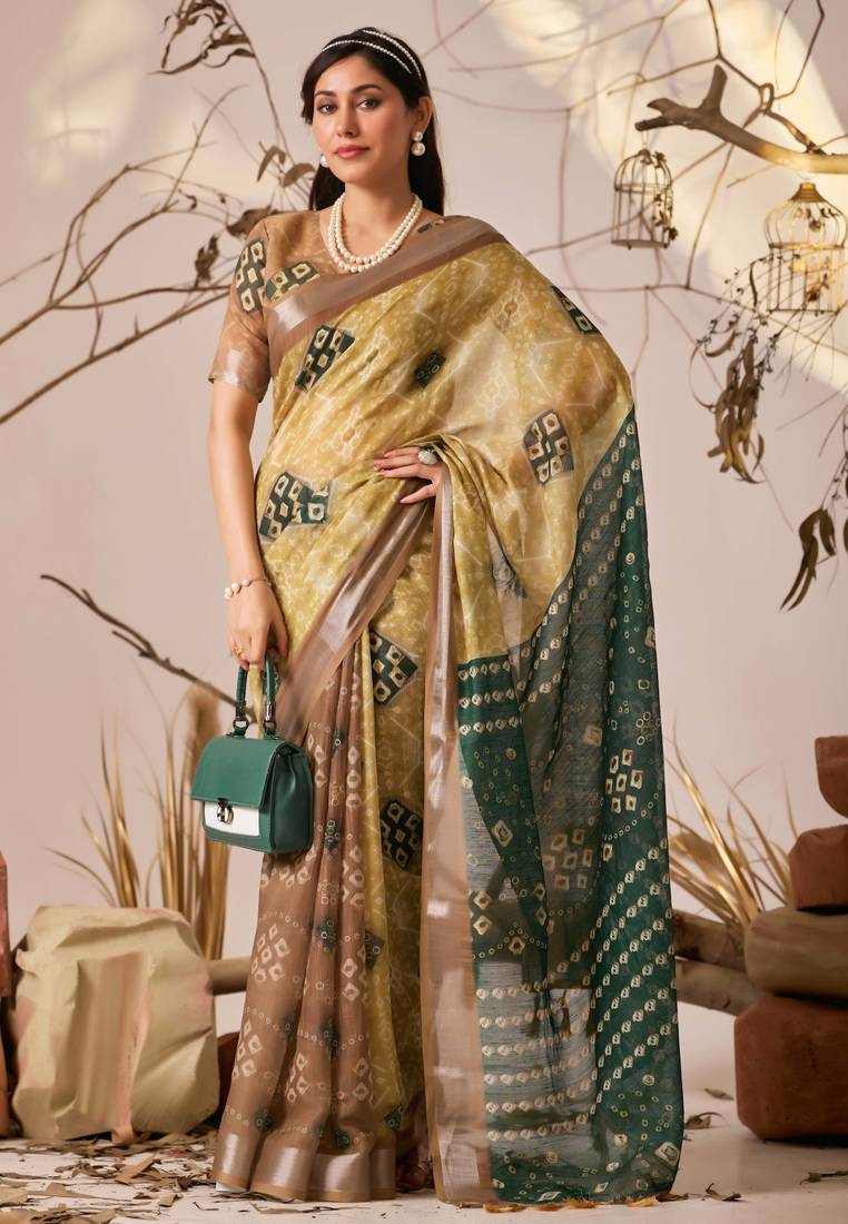 Mustard yellow linen cotton patola ikat digital print saree with contrast border & matching blouse