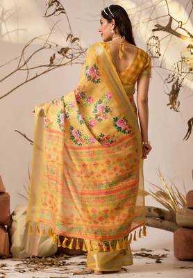 Golden yellow floral print linen cotton saree with patola style design & contrast border – printed saree with blouse 4