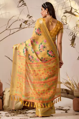 Golden yellow floral print linen cotton saree with patola style design & contrast border – printed saree with blouse