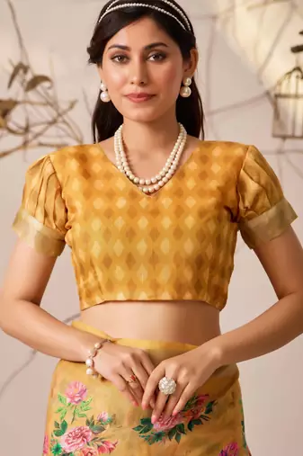 Golden yellow floral print linen cotton saree with patola style design & contrast border – printed saree with blouse