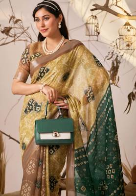 Mustard yellow linen cotton patola ikat digital print saree with contrast border & matching blouse 2
